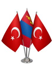 Masa Üstü Moğolistan Bayrağı Türk Bayrağı Üçlü Krom Direk Masa Bayrak Seti