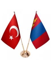 Masa Üstü Moğolistan Bayrağı Türk Bayrağı İkili Pirinç Direk Masa Bayrak Seti