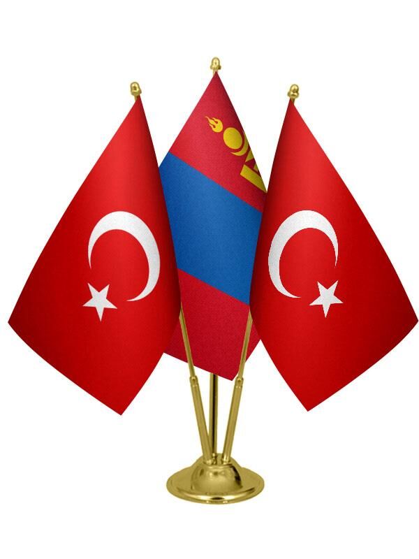 Masa Üstü Moğolistan Bayrağı Türk Bayrağı Üçlü Pirinç Direk Masa Bayrak Seti