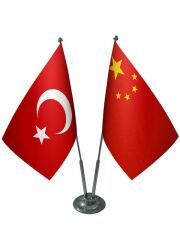 Masa Üstü Çin Bayrağı Türk Bayrağı İkili Krom Direk Masa Bayrak Seti