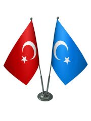 Masa Üstü Doğu Türkistan Bayrağı Türk Bayrağı İkili Krom Direk Masa Bayrak Seti