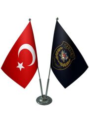 Masa Üstü Polis Özel Harekat Bayrağı Türk Bayrağı İkili Krom Direk Masa Bayrak Seti