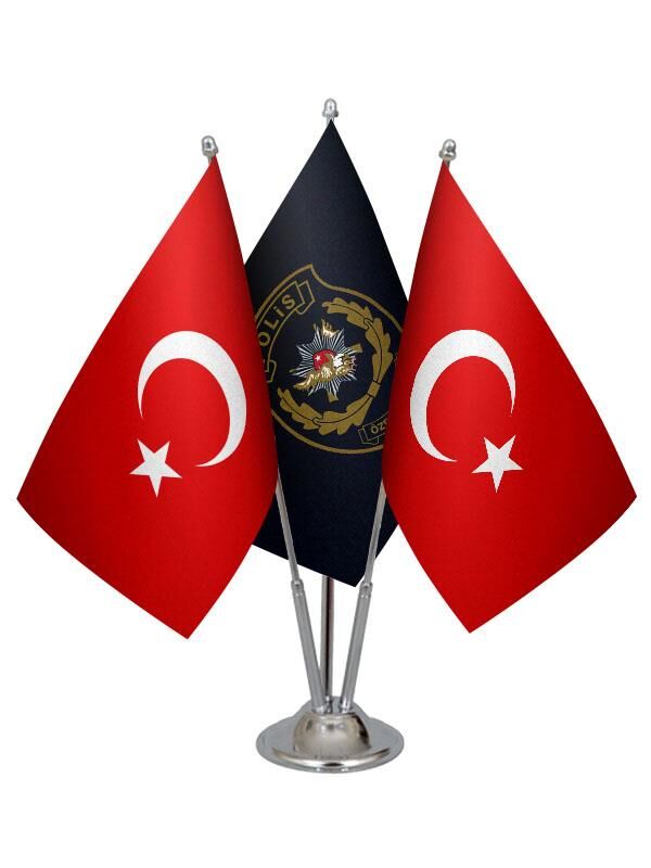Masa Üstü Polis Özel Harekat Bayrağı Türk Bayrağı Üçlü Krom Direk Masa Bayrak Seti