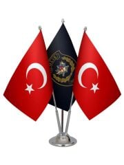 Masa Üstü Polis Özel Harekat Bayrağı Türk Bayrağı Üçlü Krom Direk Masa Bayrak Seti