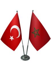 Masa Üstü Fas Bayrağı Türk Bayrağı İkili Krom Direk Masa Bayrak Seti