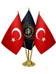 Masa Üstü Polis Özel Harekat Bayrağı Türk Bayrağı Üçlü Pirinç Direk Masa Bayrak Seti