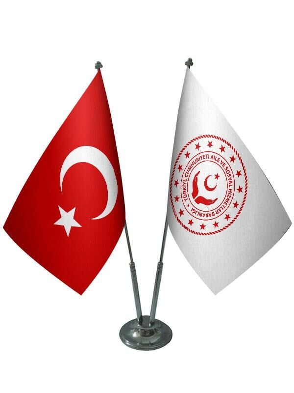 Masa Üstü Aile Bakanlığı Bayrağı Türk Bayrağı İkili Krom Direk Masa Bayrak Seti