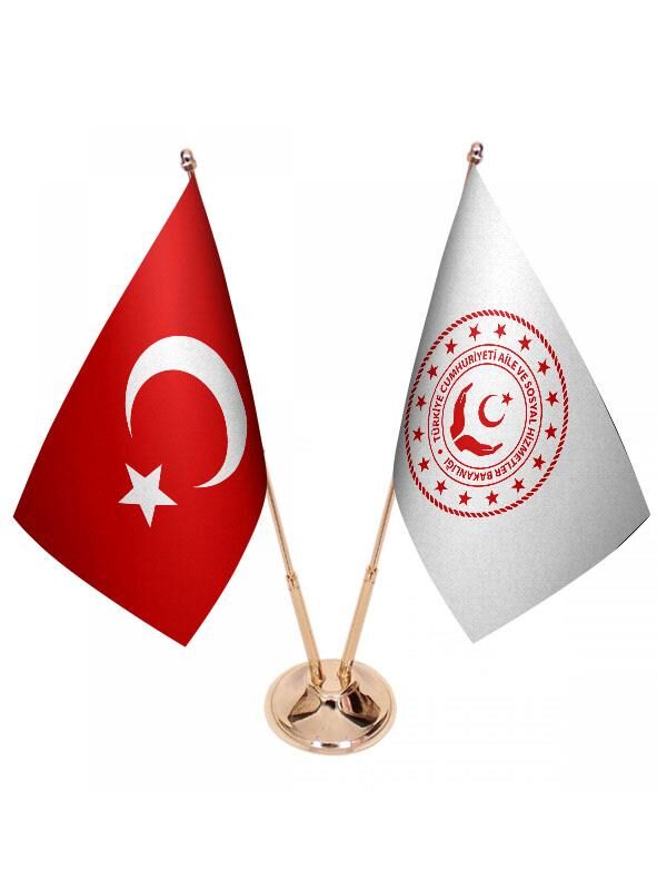 Masa Üstü Aile Bakanlığı Bayrağı Türk Bayrağı İkili Pirinç Direk Masa Bayrak Seti