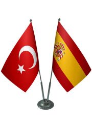 Masa Üstü İspanya Bayrağı Türk Bayrağı İkili Krom Direk Masa Bayrak Seti