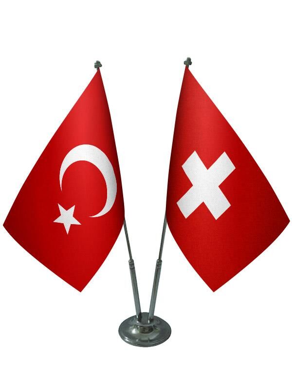 Masa Üstü İsviçre Bayrağı Türk Bayrağı İkili Krom Direk Masa Bayrak Seti