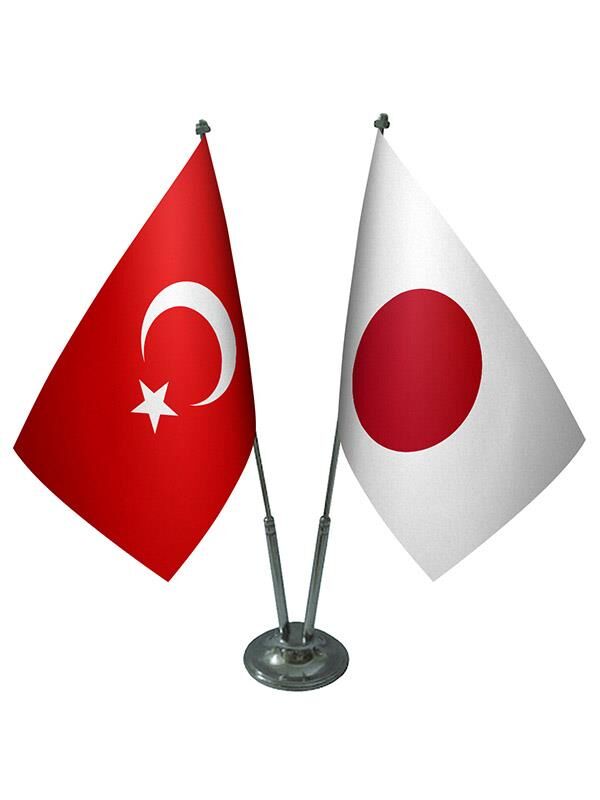 Masa Üstü Japonya Bayrağı Türk Bayrağı İkili Krom Direk Masa Bayrak Seti