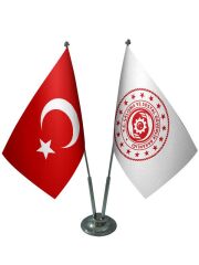 Masa Üstü Çalışma Bakanlığı Bayrağı Türk Bayrağı İkili Krom Direk Masa Bayrak Seti