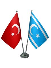 Masa Üstü Kerkük Türkmeneli Bayrağı Türk Bayrağı İkili Krom Direk Masa Bayrak Seti