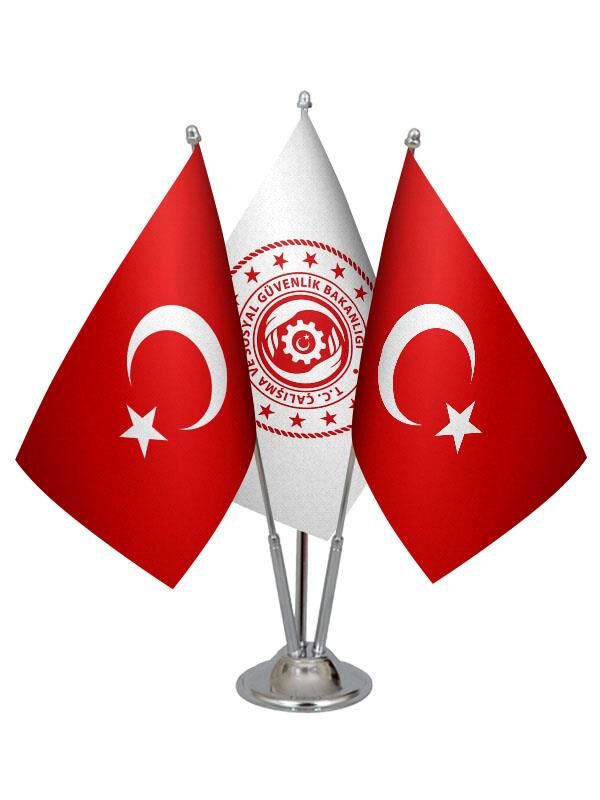 Masa Üstü Çalışma Bakanlığı Bayrağı Türk Bayrağı Üçlü Krom Direk Masa Bayrak Seti