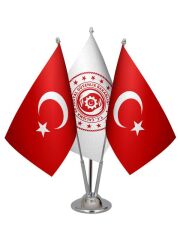 Masa Üstü Çalışma Bakanlığı Bayrağı Türk Bayrağı Üçlü Krom Direk Masa Bayrak Seti