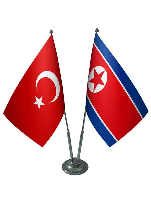 Masa Üstü Kuzey Kore Bayrağı Türk Bayrağı İkili Krom Direk Masa Bayrak Seti