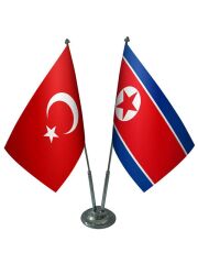Masa Üstü Kuzey Kore Bayrağı Türk Bayrağı İkili Krom Direk Masa Bayrak Seti