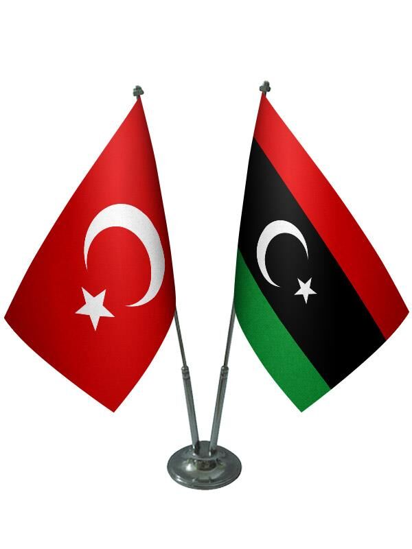 Masa Üstü Libya Bayrağı Türk Bayrağı İkili Krom Direk Masa Bayrak Seti