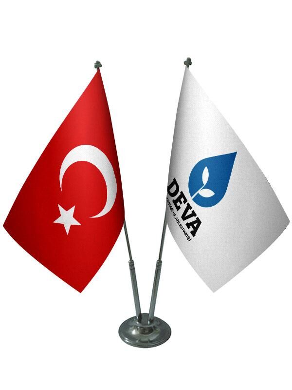 Masa Üstü Deva Partisi Bayrağı Türk Bayrağı İkili Krom Direk Masa Bayrak Seti