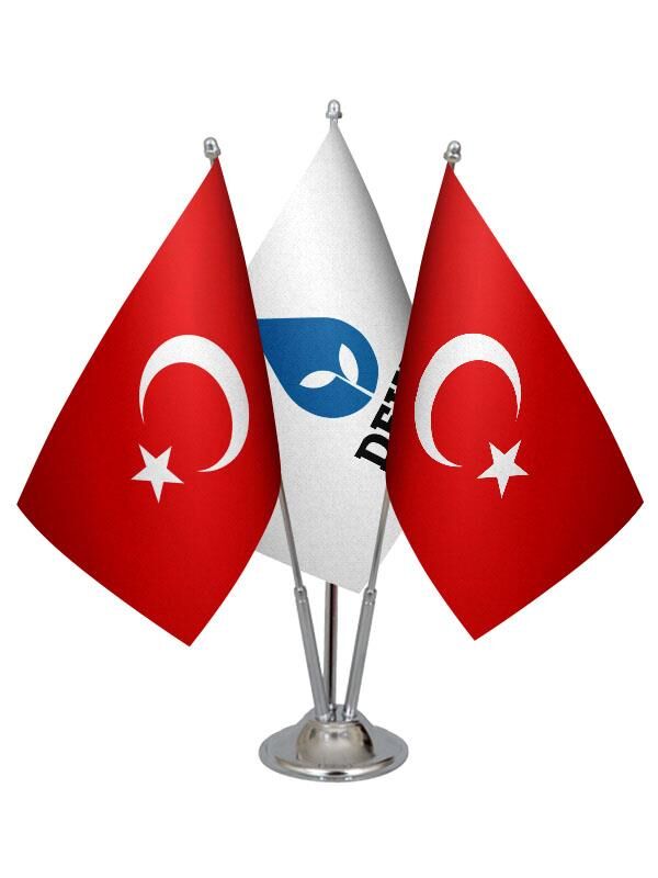 Masa Üstü Deva Partisi Bayrağı Türk Bayrağı Üçlü Krom Direk Masa Bayrak Seti