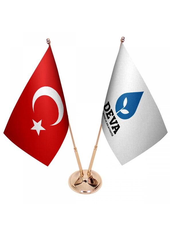 Masa Üstü Deva Partisi Bayrağı Türk Bayrağı İkili Pirinç Direk Masa Bayrak Seti