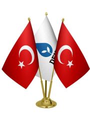 Masa Üstü Deva Partisi Bayrağı Türk Bayrağı Üçlü Pirinç Direk Masa Bayrak Seti