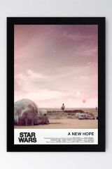 Star Wars A New Hope Çerçeveli Tablo - Uzay Savaşları Eski Fim Posteri Tablo 50x70 - Siyah