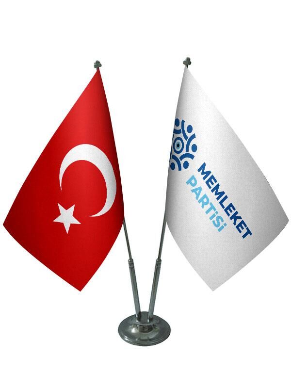 Masa Üstü Memleket Partisi Bayrağı Türk Bayrağı İkili Krom Direk Masa Bayrak Seti