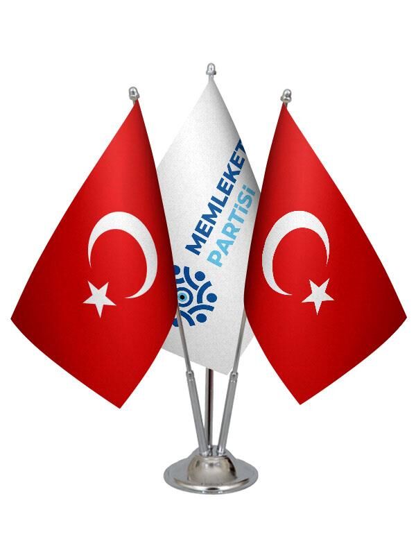 Masa Üstü Memleket Partisi Bayrağı Türk Bayrağı Üçlü Krom Direk Masa Bayrak Seti