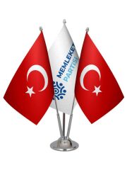 Masa Üstü Memleket Partisi Bayrağı Türk Bayrağı Üçlü Krom Direk Masa Bayrak Seti