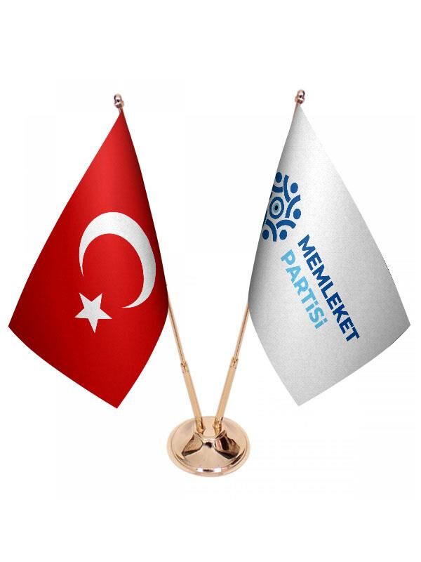 Masa Üstü Memleket Partisi Bayrağı Türk Bayrağı İkili Pirinç Direk Masa Bayrak Seti