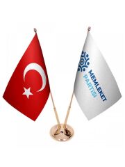Masa Üstü Memleket Partisi Bayrağı Türk Bayrağı İkili Pirinç Direk Masa Bayrak Seti