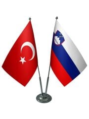 Masa Üstü Slovenya Bayrağı Türk Bayrağı İkili Krom Direk Masa Bayrak Seti