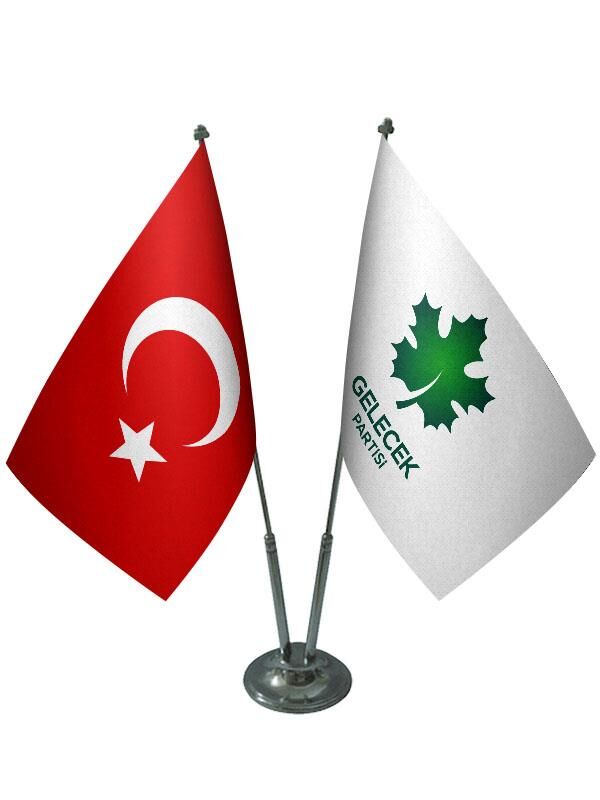 Masa Üstü Gelecek Partisi Bayrağı Türk Bayrağı İkili Krom Direk Masa Bayrak Seti
