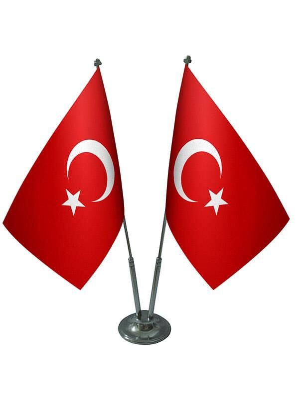 Masa Üstü İkili Türkiye Cumhuriyeti Bayrağı İkili Krom Direk Masa Bayrak Seti