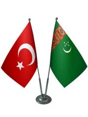 Masa Üstü Türkmenistan Bayrağı Türk Bayrağı İkili Krom Direk Masa Bayrak Seti