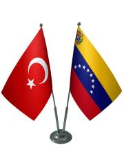 Masa Üstü Venezuella Bayrağı Türk Bayrağı İkili Krom Direk Masa Bayrak Seti