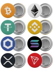 Bitcoin Kripto Paralar Çanta Rozeti Seti 8 Adet En Büyük Boy 5.8cm İğneli Broş