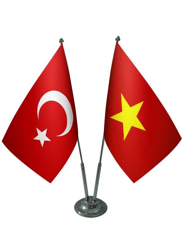 Masa Üstü Vietnam Bayrağı Türk Bayrağı İkili Krom Direk Masa Bayrak Seti