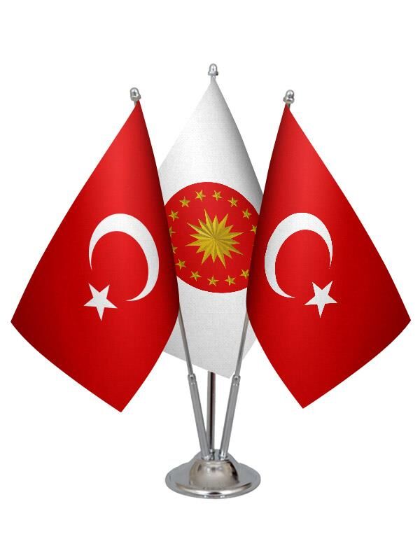 Masa Üstü Cumhurbaşkanlığı Bayrağı Türk Bayrağı Üçlü Krom Direk Masa Bayrak Seti