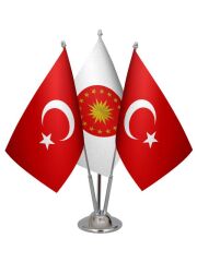 Masa Üstü Cumhurbaşkanlığı Bayrağı Türk Bayrağı Üçlü Krom Direk Masa Bayrak Seti