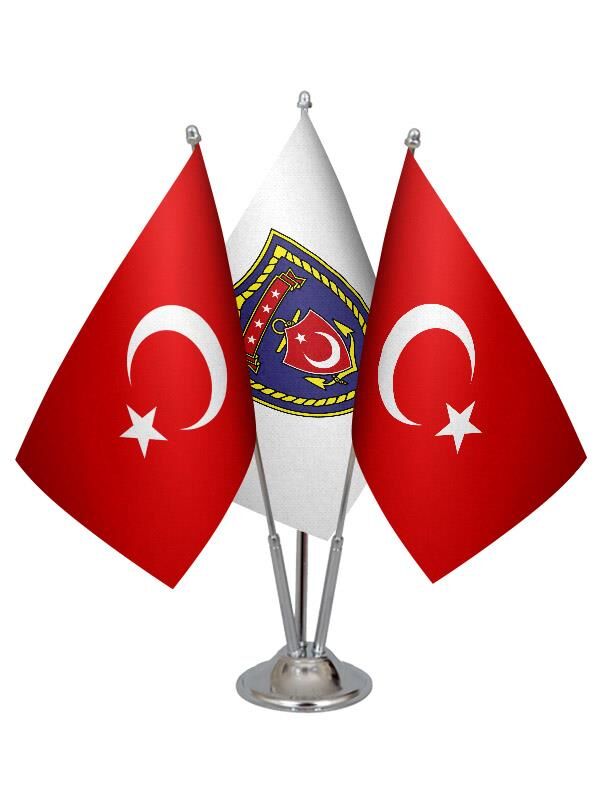 Masa Üstü Deniz Kuvvetleri Bayrağı Türk Bayrağı Üçlü Krom Direk Masa Bayrak Seti
