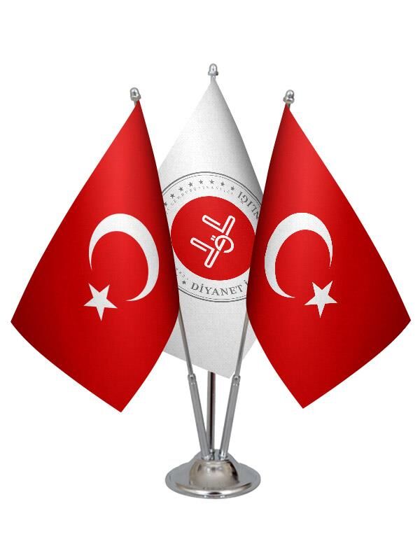 Masa Üstü Diyanet İşleri Bayrağı Türk Bayrağı Üçlü Krom Direk Masa Bayrak Seti