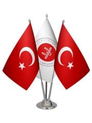 Masa Üstü Diyanet İşleri Bayrağı Türk Bayrağı Üçlü Krom Direk Masa Bayrak Seti