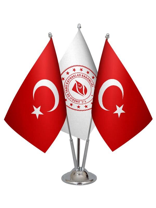 Masa Üstü Enerji Bakanlığı Bayrağı Türk Bayrağı Üçlü Krom Direk Masa Bayrak Seti