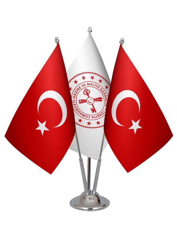 Masa Üstü Hazine Bakanlığı Bayrağı Türk Bayrağı Üçlü Krom Direk Masa Bayrak Seti