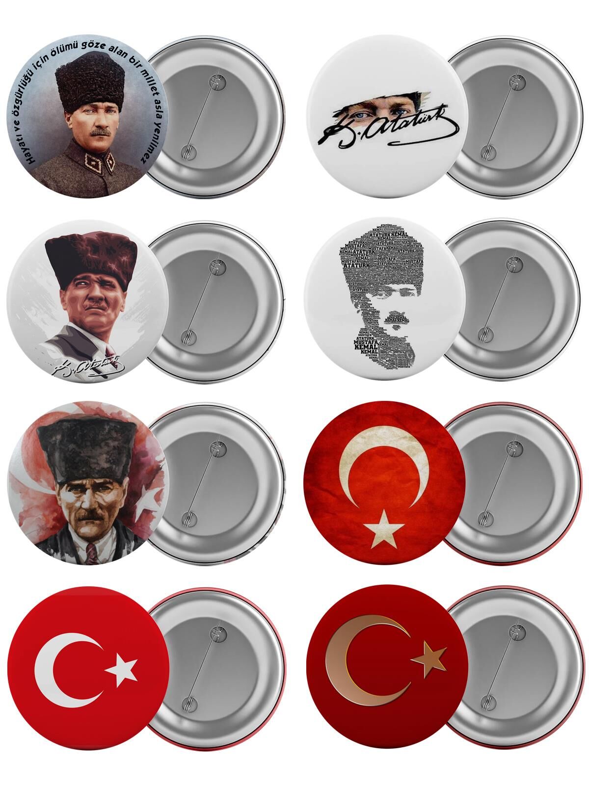 Atatürk ve Türk Bayrağı Çanta Rozeti Seti 8 Adet En Büyük Boy 5.8cm İğneli Broş