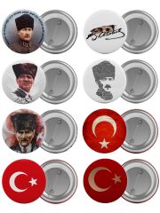 Atatürk ve Türk Bayrağı Çanta Rozeti Seti 8 Adet En Büyük Boy 5.8cm İğneli Broş