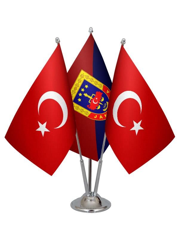 Masa Üstü Jandarma Bayrağı Türk Bayrağı Üçlü Krom Direk Masa Bayrak Seti