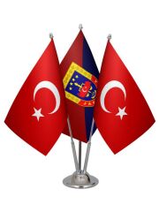 Masa Üstü Jandarma Bayrağı Türk Bayrağı Üçlü Krom Direk Masa Bayrak Seti
